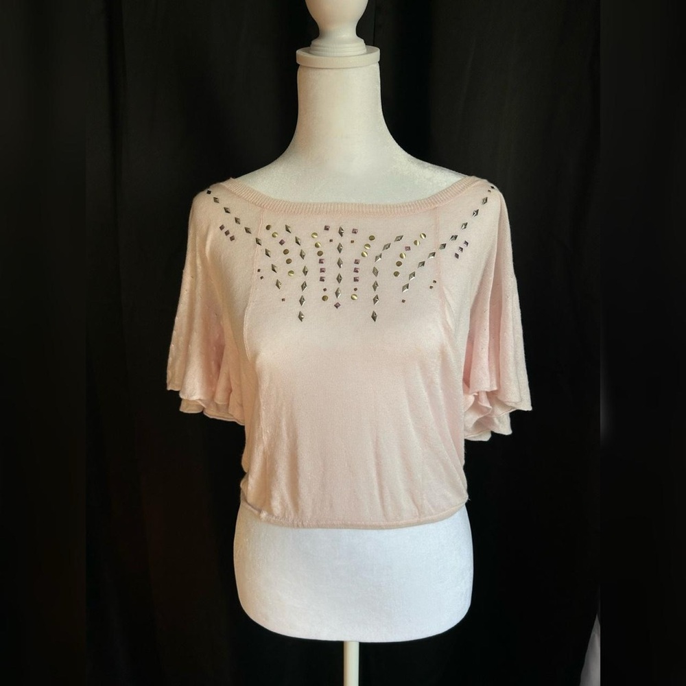 Free People Pink Flutter Sleeve Crop Blouse